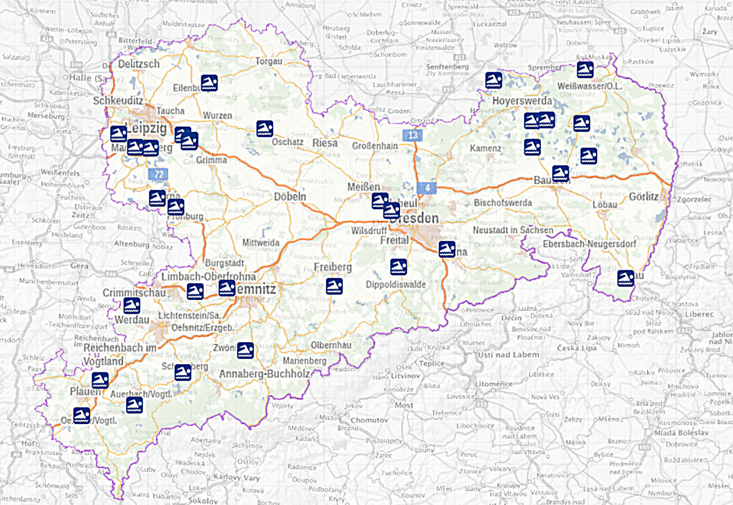 Screenshot Sachsenkarte mit eingezeichneten EU-Badeseen