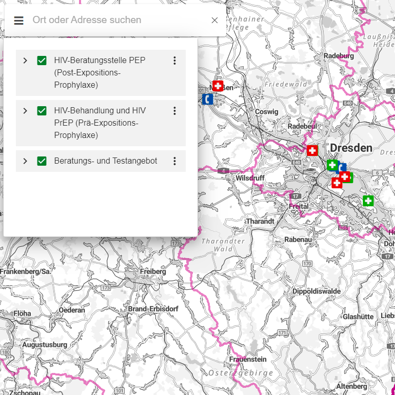 Screenshot Geoportal Sachsenatlas Beratungsstellen HIV, Aids und STI