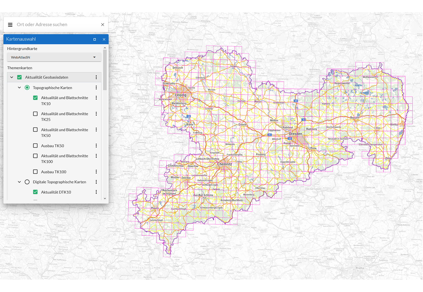 Screenshot vom Geoportal Sachsenatlas Aktualität Geobasisdaten