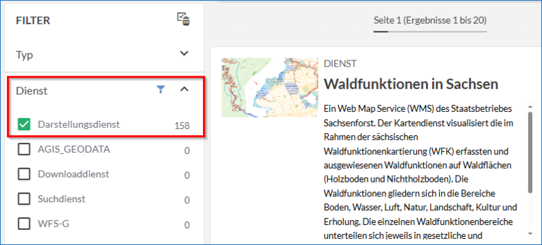 GeoMIS.Sachsen - Filtern der Suchergebnisse nach "Darstellungsdienst"