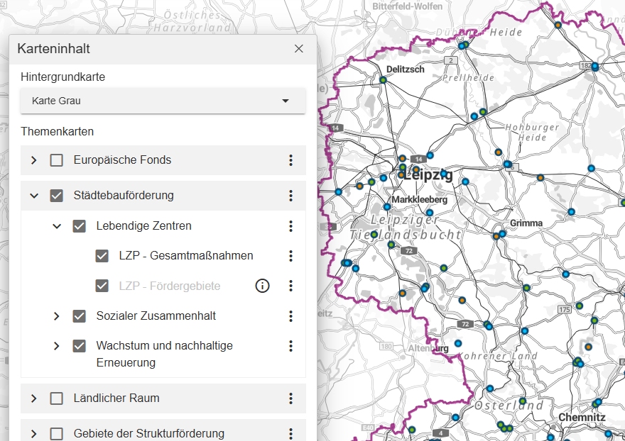 Kartenzusammenstellung Städtebauförderung: Punktsymbole für die Zentren der Fördermaßnahmen, Maßstab 1:600.000