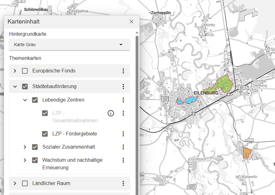 Kartenzusammenstellung Städtebauförderung: Punkte werden zu Flächen - Flächensymbole für komplette Fördergebiete, Maßstab 1:70.000