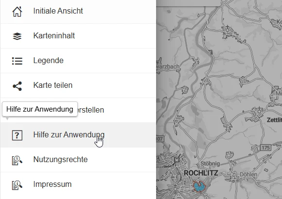 Werkzeug Hilfe zur Anwendung: Link auf PDF mit ausführlicher Beschreibung der Kartenanwendung