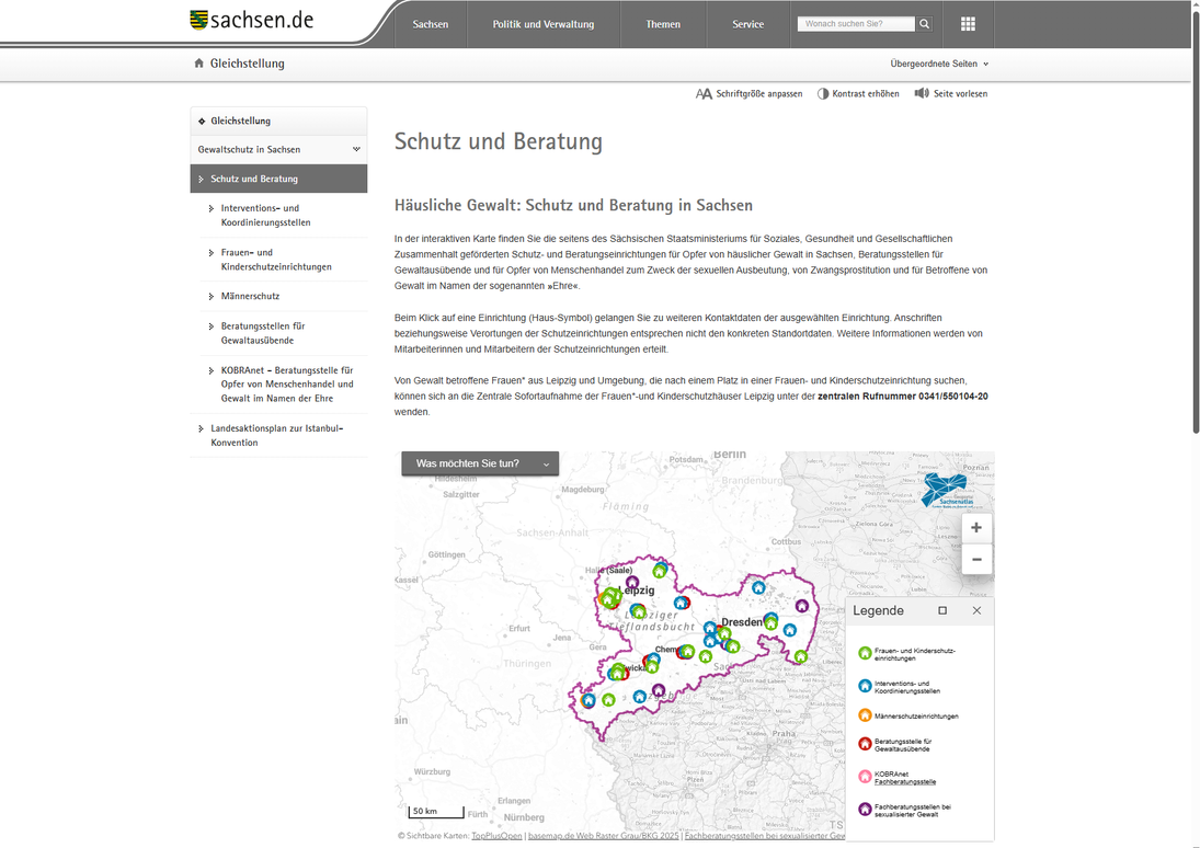 Einbindung der Karte mittels iframe in die Webseite zum Gewaltschutz