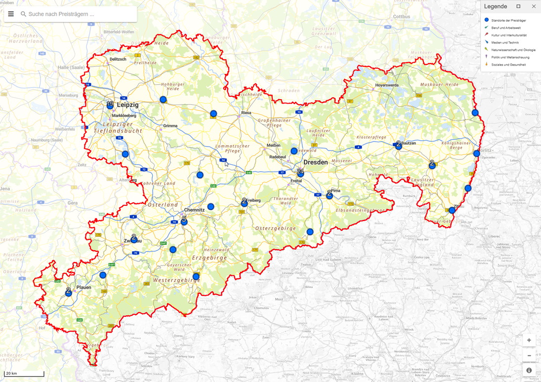 Übersichtskarte Innovationspreis Weiterbildung des Freistaates Sachsen