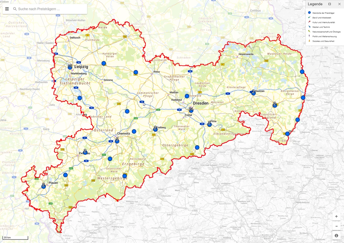 Übersichtskarte Innovationspreis Weiterbildung des Freistaates Sachsen