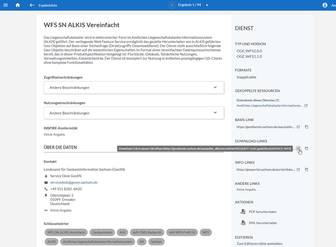 Screenshot Downloaddienst (WFS) ALKIS im GeoMIS.Sachsen
