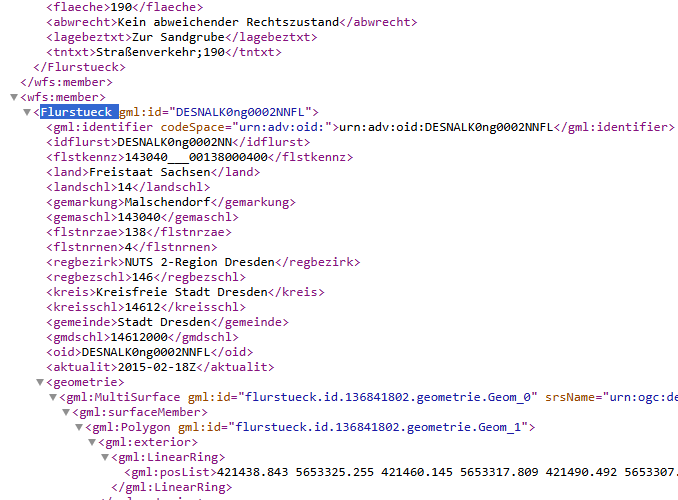 Screenshot Abfrage von Flurstücken mittels WFS
