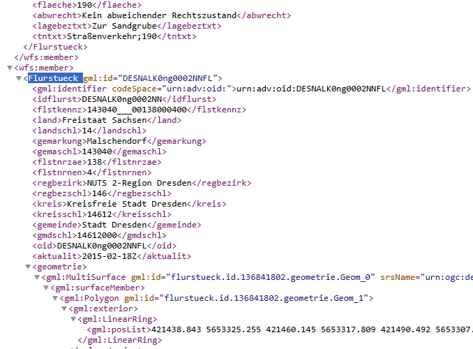 Screenshot Abfrage von Flurstücken mittels WFS