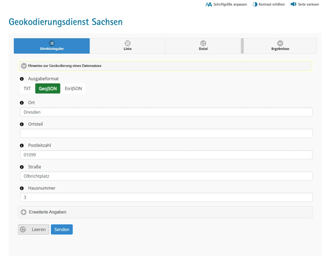 Screenshot Startseite Geokodierungsdienst