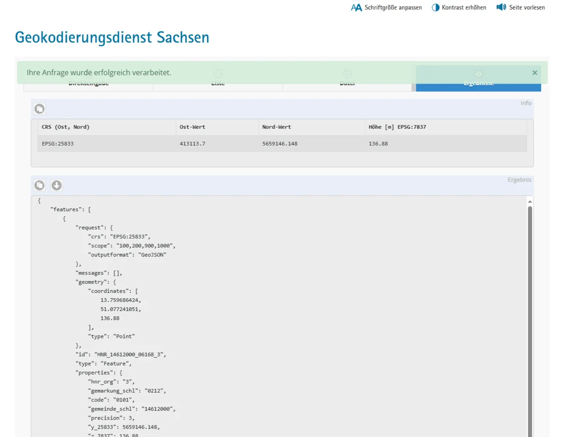 Screenshot Anfrageergebnis Geokodierungsdienst, Ausgabe GeoJSON