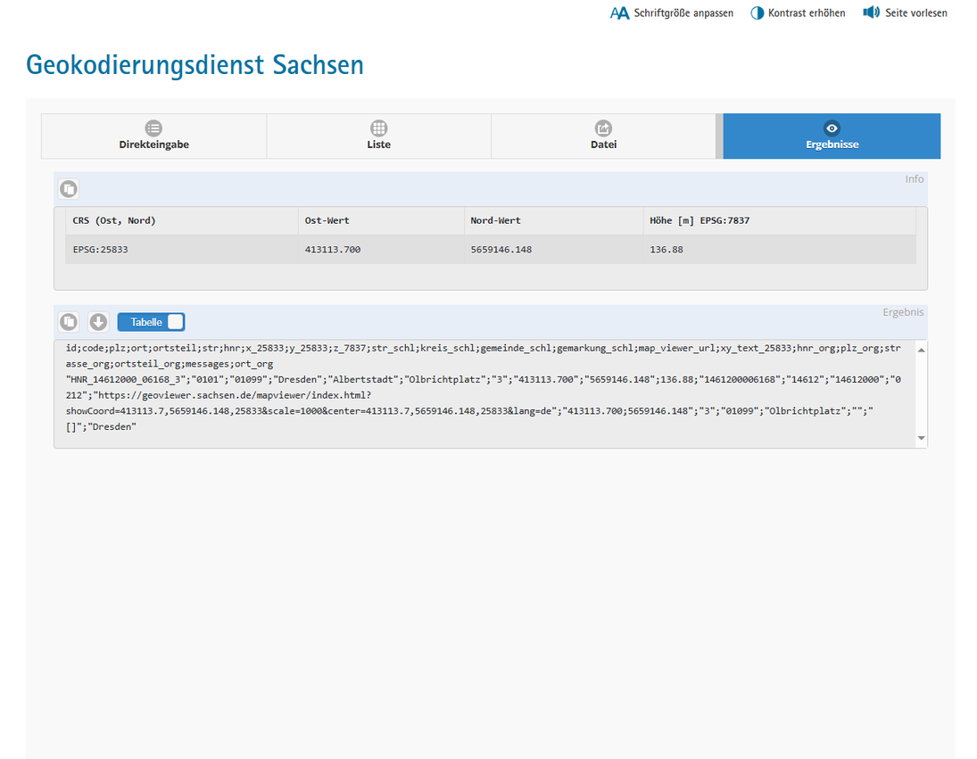 Screenshot Anfrageergebnis Geokodierungsdienst, Ausgabe TXT