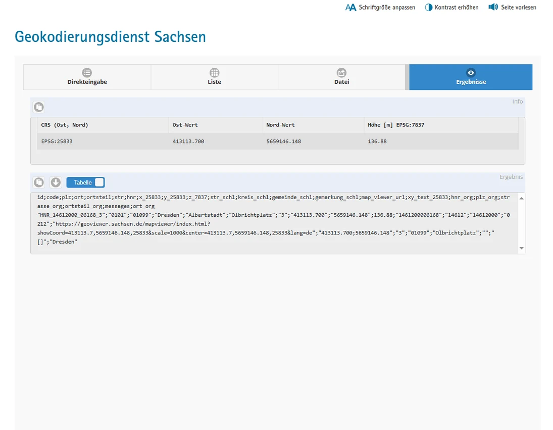 Screenshot Anfrageergebnis Geokodierungsdienst, Ausgabe TXT