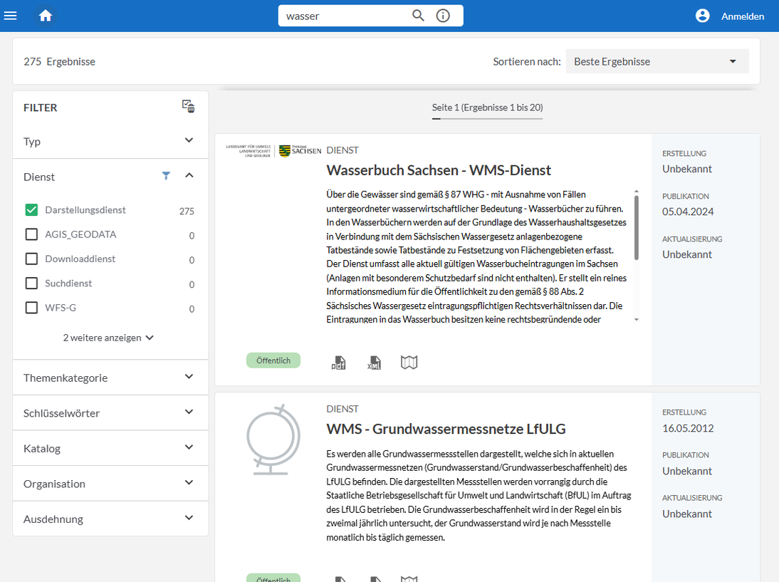 Screenshot Suche nach Darstellungsdienst im GeoMIS.Sachsen