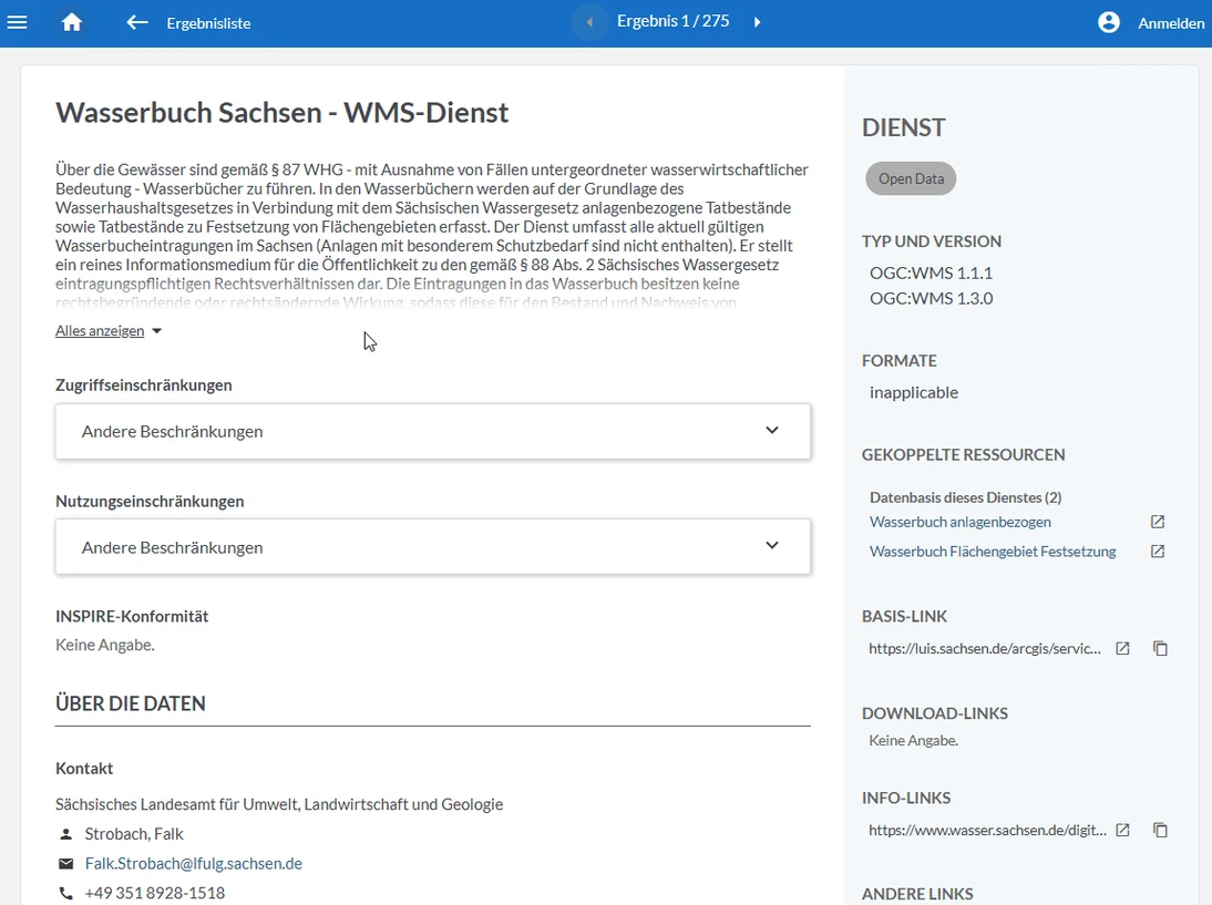 Screenshot Suchergebnis-Detailsseite im GeoMIS.Sachsen