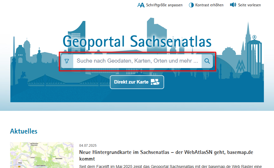 Screenshot Startseite Geoportal mit Geosuche