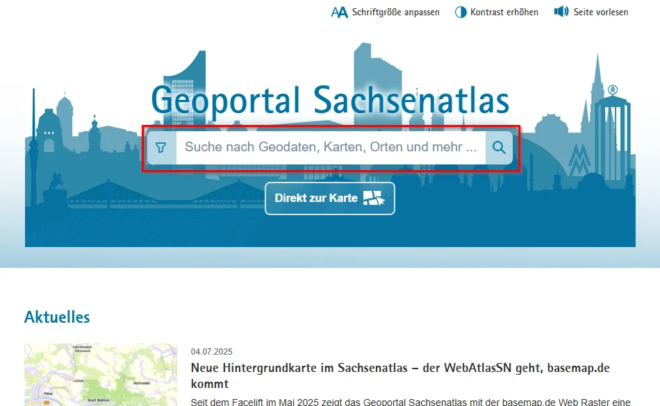 Screenshot Startseite Geoportal mit Geosuche