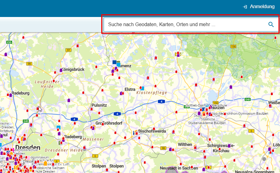 Screenshot Suchfunktion im Kartenviewer des Geoportals