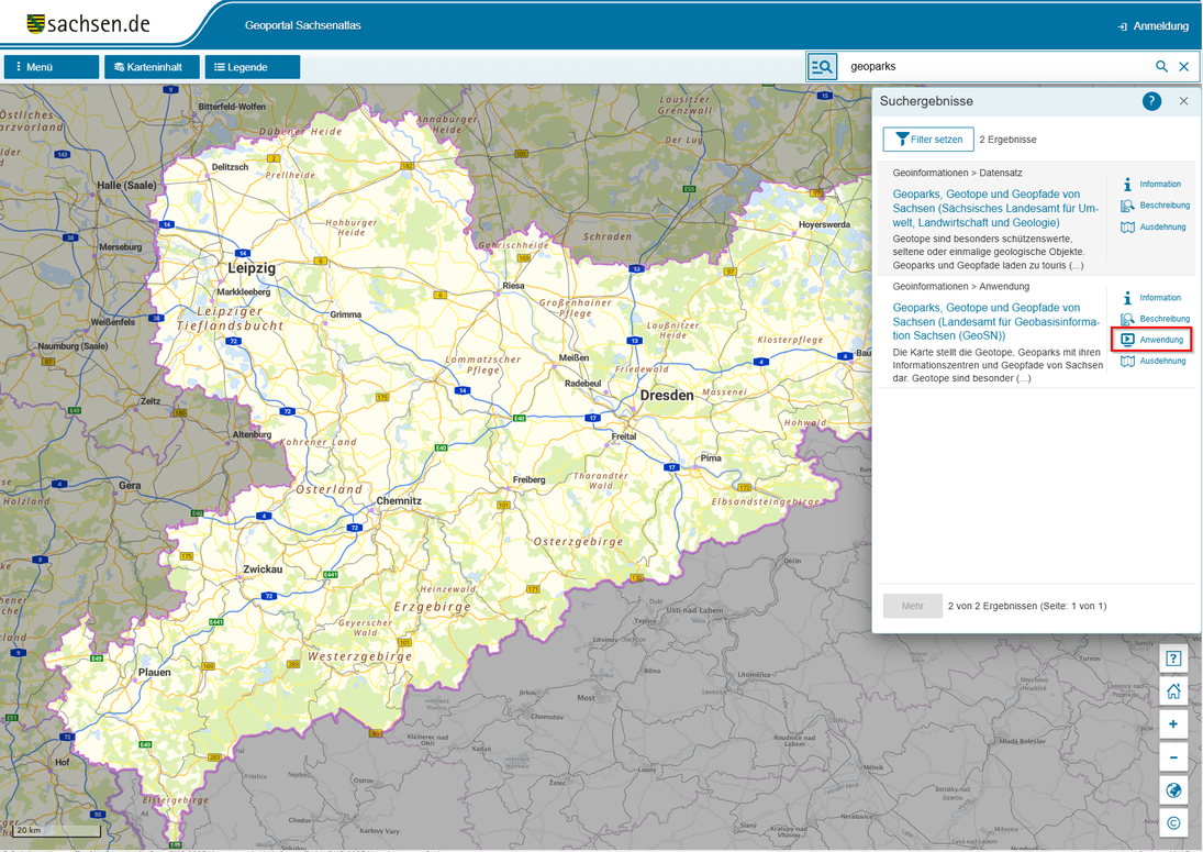 Screenshot Geoportal - Suche nach Kartenanwendungen