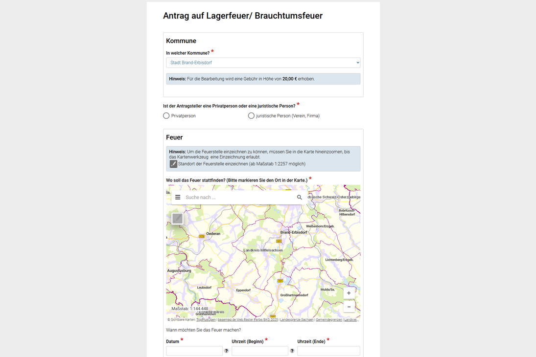 Screenshot Onlineformular zur Beantragung eines Brauchtumsfeuers/Lagerfeuers