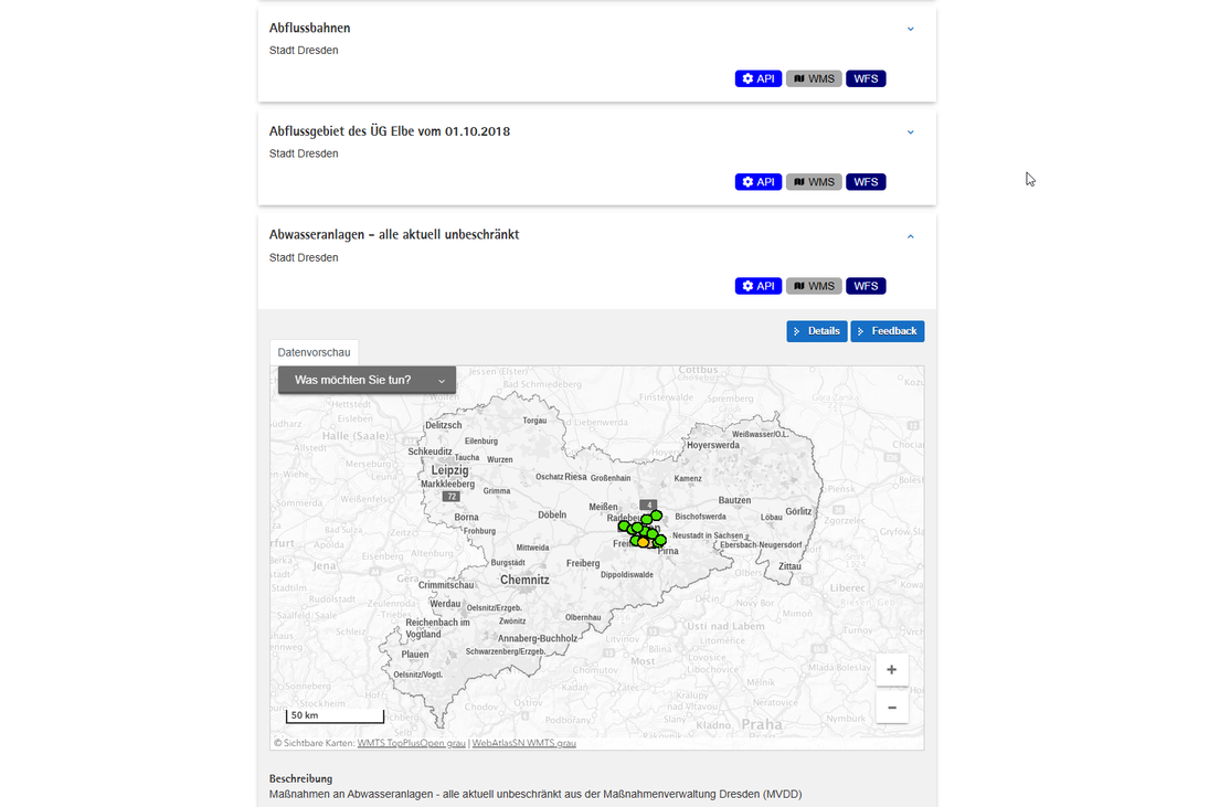 Screenshot Open Data Portal Sachsen - Detailanzeige eines Datensatzes mit Datenvorschau in integrierter Webkarte