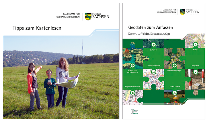 Titelseiten von der Broschüre Tipps zum Kartenlesen und von der Broschüre Geodaten zum Anfassen
