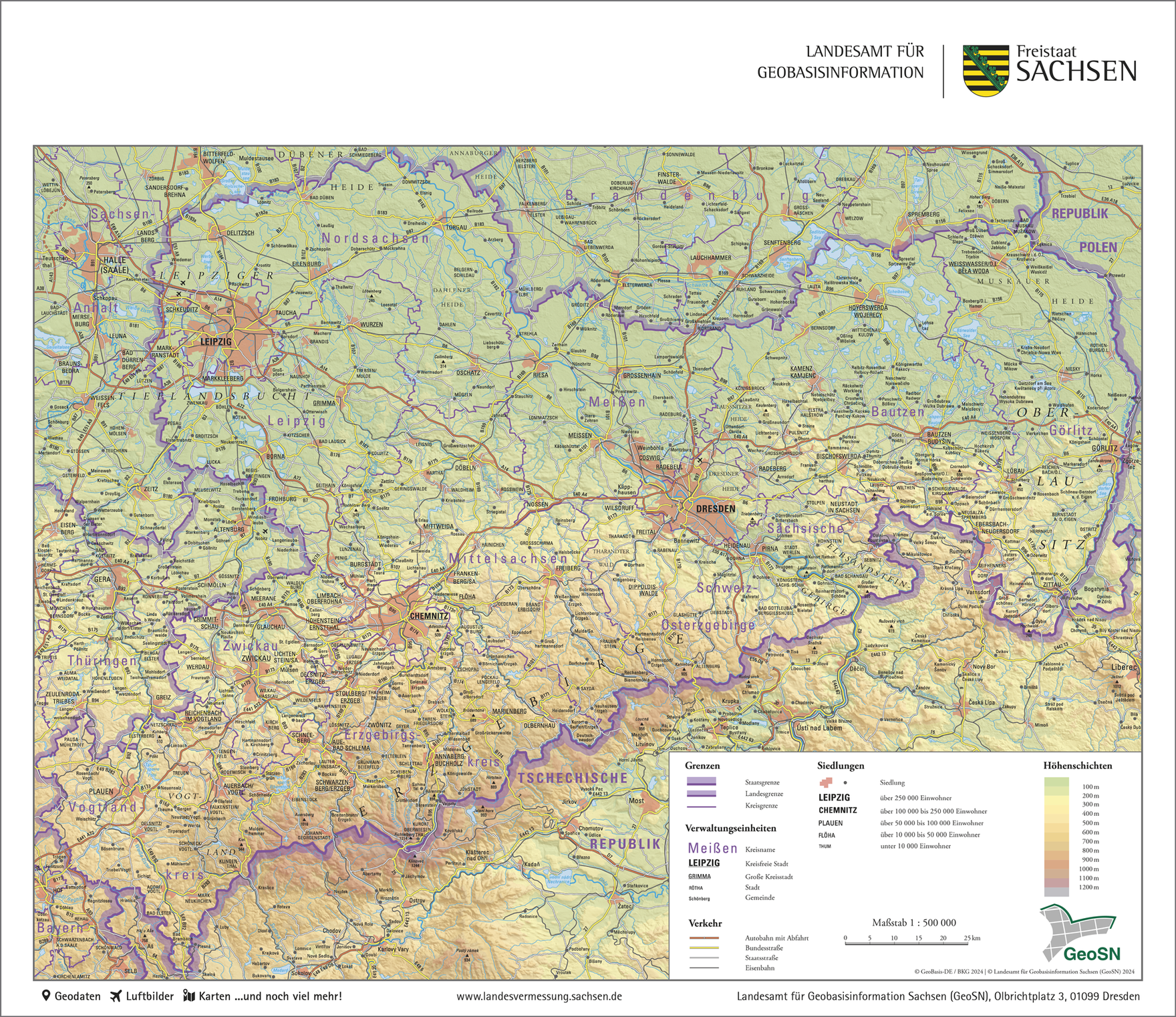 Karte des Freistaates Sachsen, physisch
