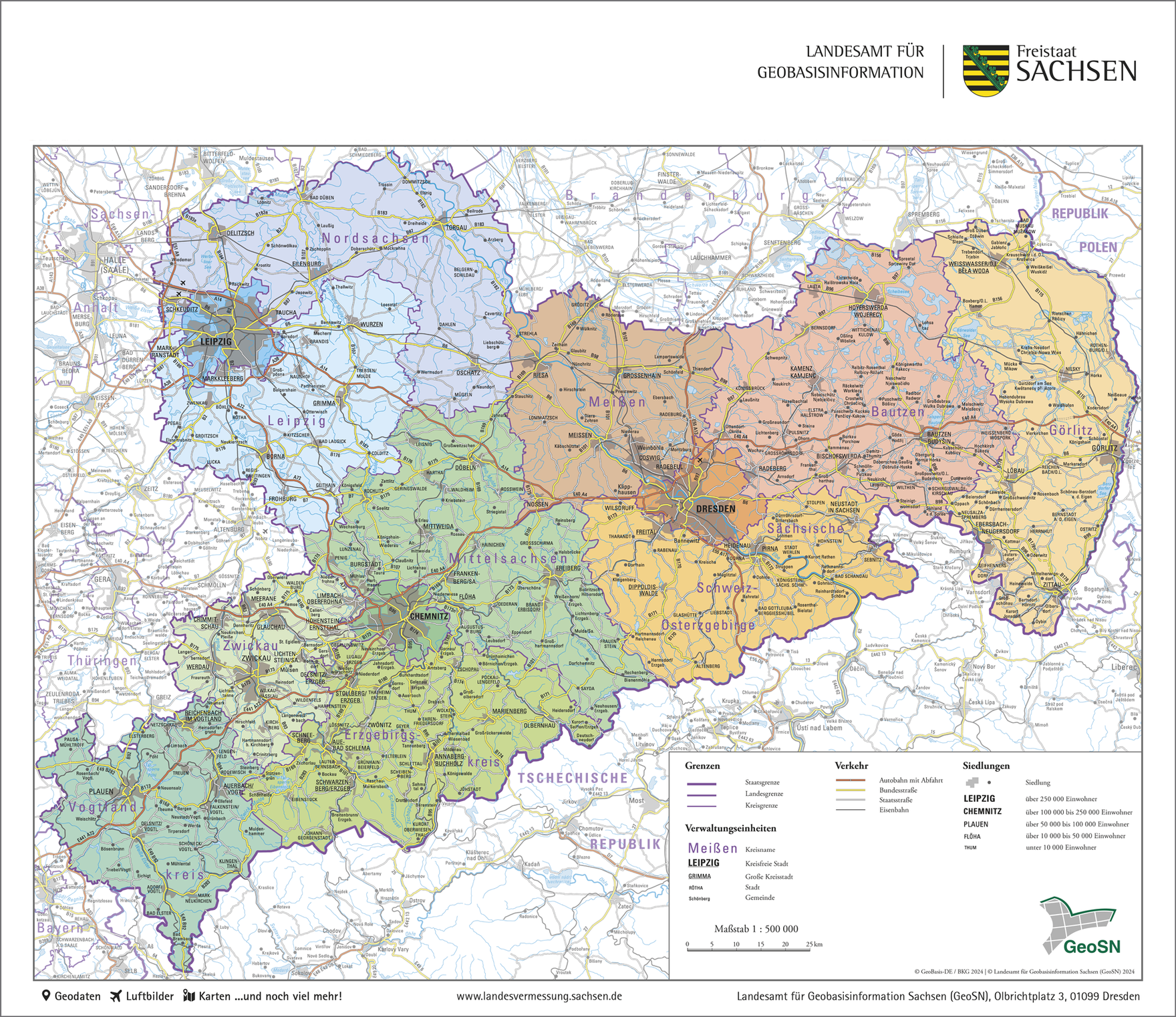 Karte des Freistaates Sachsen, politisch