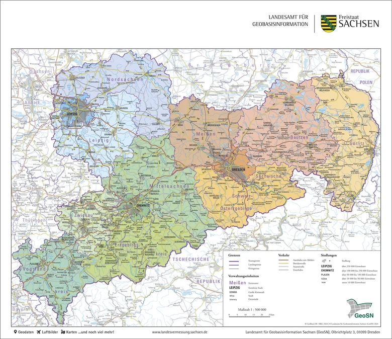 Karte des Freistaates Sachsen, politisch