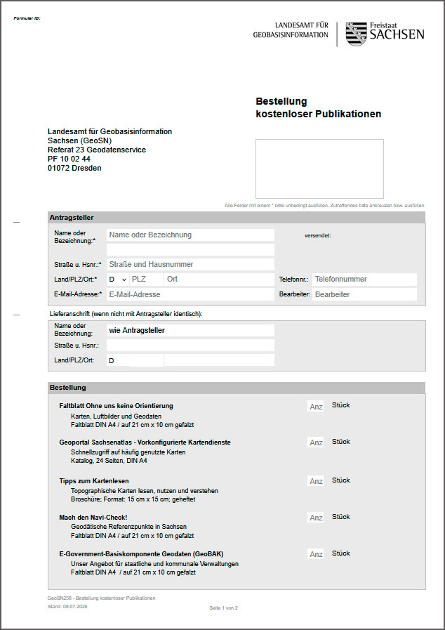 Formular zur Bestellung von kostenlosen Publikationen