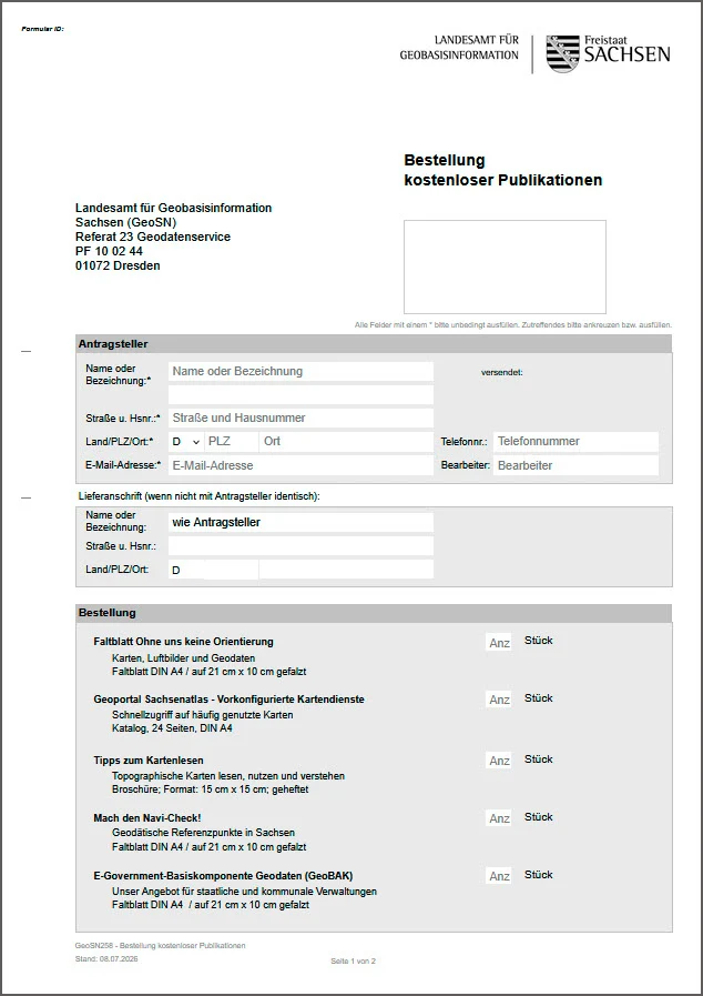 Formular zur Bestellung von kostenlosen Publikationen