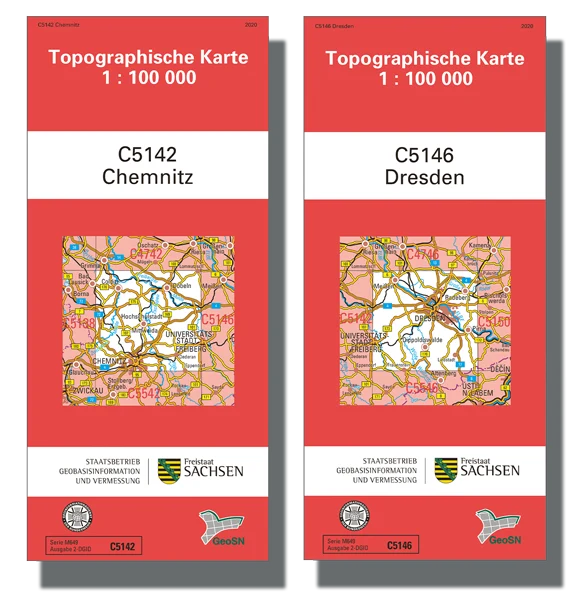 Topographische Karte von Chemnitz und Dresden
