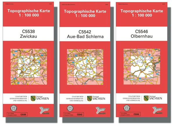 Topographische karte von Zwickau, Aue-Bad Schlema und Olbernhau