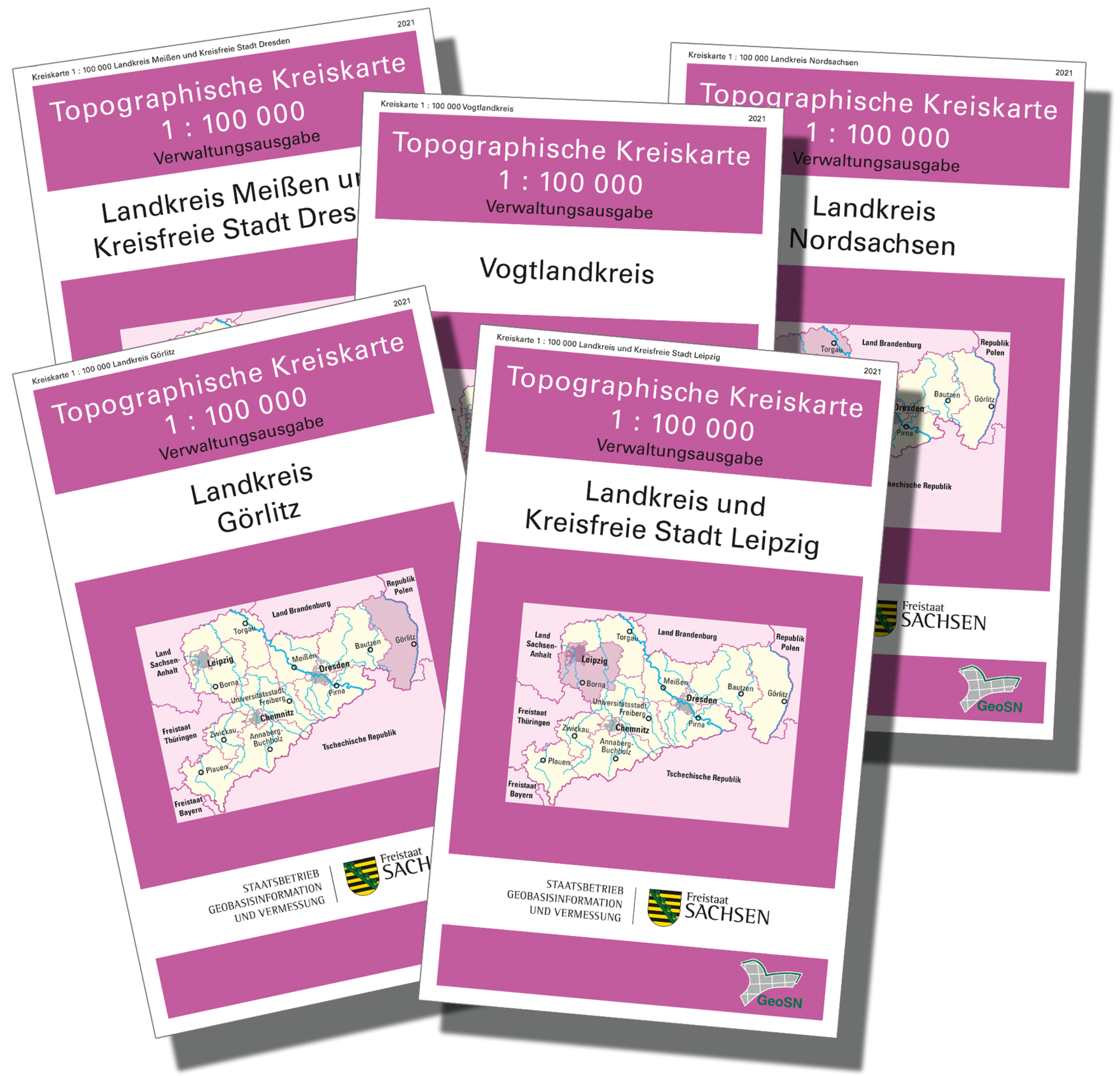 Das Bild zeigt das Cover der topographische Karten im Maßstab 1:100000 der Landkreise Görlitz, Meißen, Nordsachsen, Vogtland sowie der Kreisfreien Städte Leipzig und Dresden.