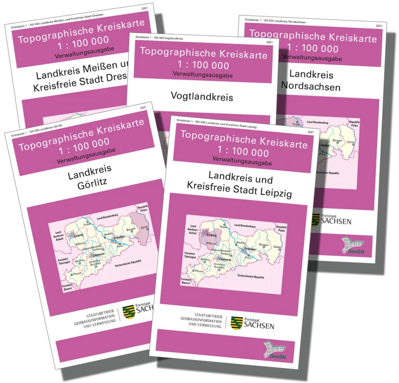 Das Bild zeigt das Cover der topographische Karten im Maßstab 1:100000 der Landkreise Görlitz, Meißen, Nordsachsen, Vogtland sowie der Kreisfreien Städte Leipzig und Dresden.