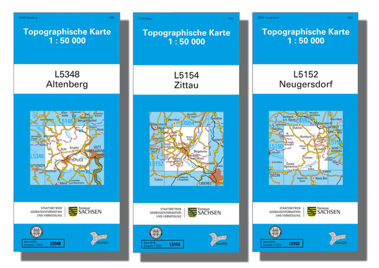 Cover für die topographischen Karten im Maßstab 1:50000 von Altenberg, Zittau und Neugersdorf.