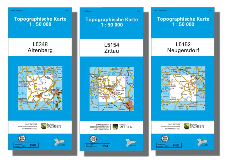 Cover für die topographischen Karten im Maßstab 1:50000 von Altenberg, Zittau und Neugersdorf.
