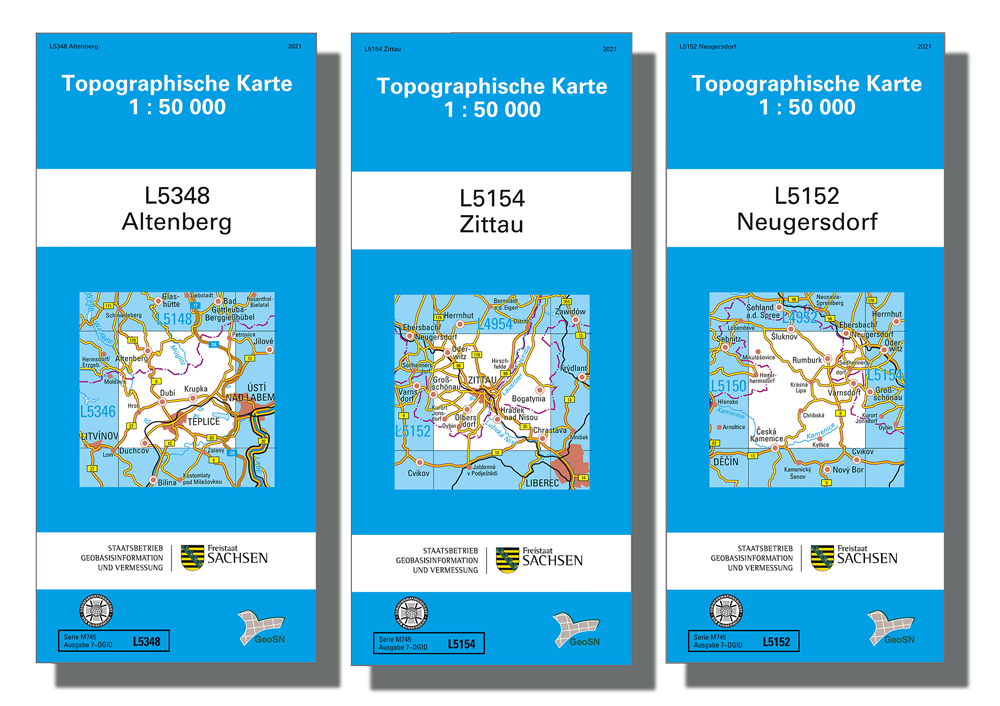Cover für die topographischen Karten im Maßstab 1:50000 von Altenberg, Zittau und Neugersdorf.