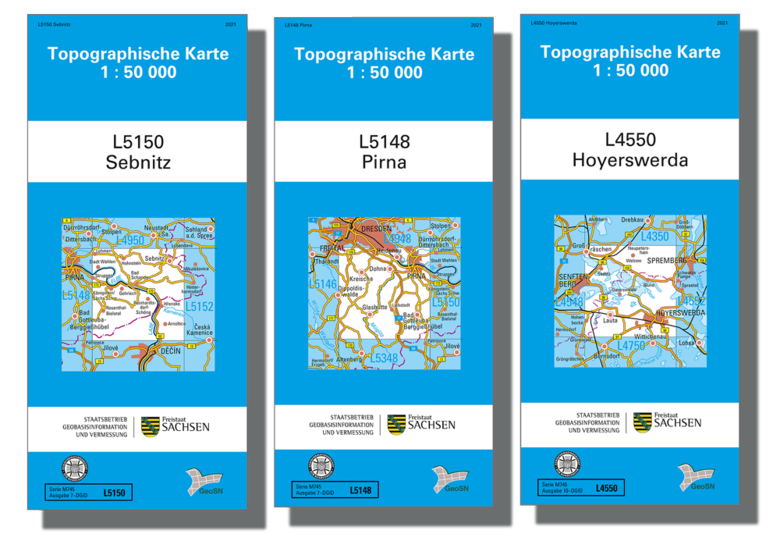 Cover für die topographischen Karten im Maßstab 1:50000 von Sebnitz, Pirna und Hoyerswerda.