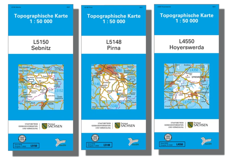Cover für die topographischen Karten im Maßstab 1:50000 von Sebnitz, Pirna und Hoyerswerda.