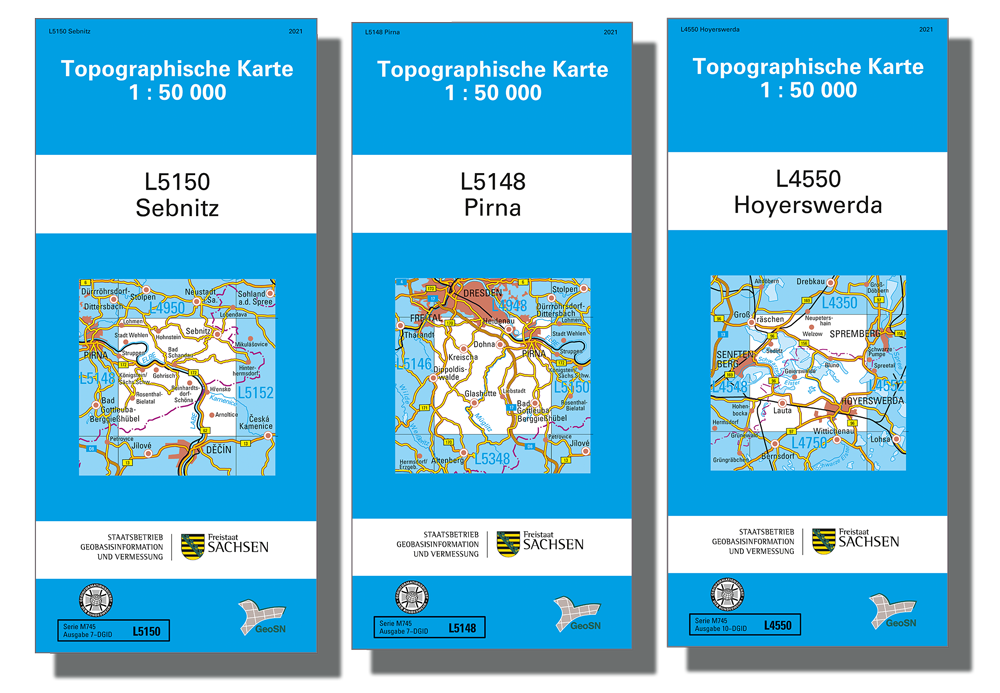 Cover für die topographischen Karten im Maßstab 1:50000 von Sebnitz, Pirna und Hoyerswerda.