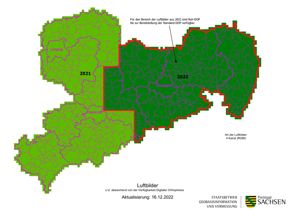 Karte über die Aktualität der Luftbilder von Sachsen (Stand 2022).
