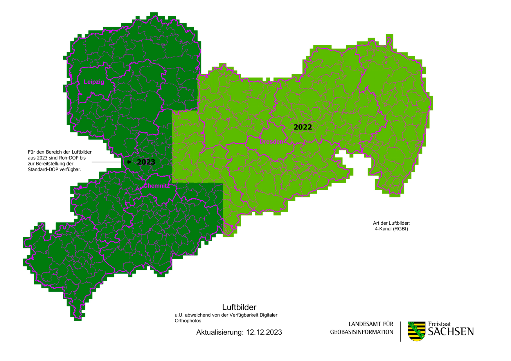 Karte über die Aktualität der Luftbilder von Sachsen (Stand 2023).