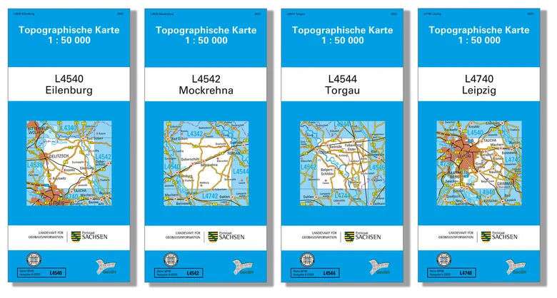Das Bild zeigt kleine topographische Karten im Maßstab 1:50000 von Eilenburg, Mockrehna, Torgau und Leipzig.