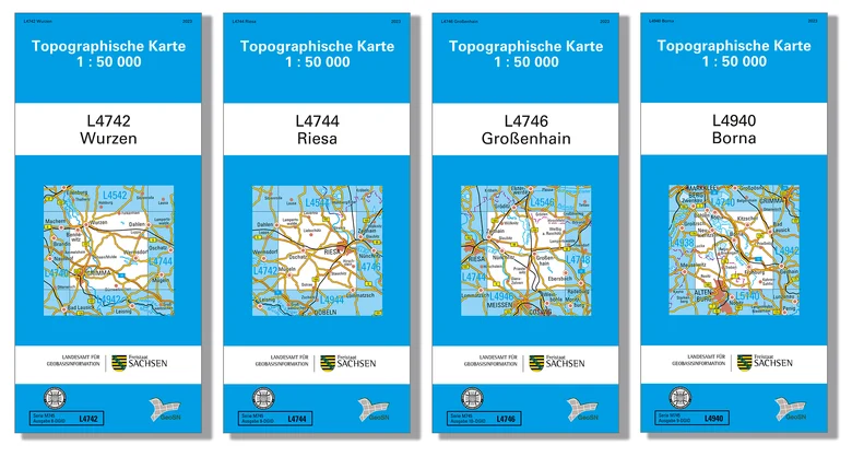 Das Bild zeigt kleine topographische Karten im Maßstab 1:50000 von Wurzen, Riesa, Großenhain und Borna.