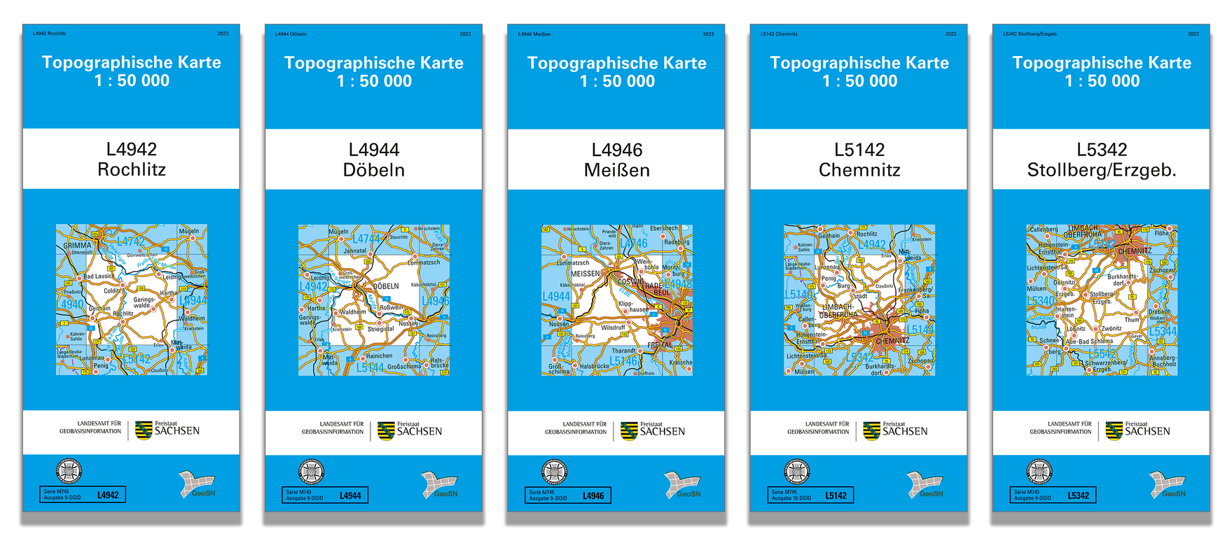 Das Bild zeigt kleine topographische Karten im Maßstab 1:50000 von Rochlitz, Döbeln, Meißen, Chemnitz und Stollberg/Erzgebirge.