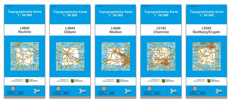 Das Bild zeigt kleine topographische Karten im Maßstab 1:50000 von Rochlitz, Döbeln, Meißen, Chemnitz und Stollberg/Erzgebirge.