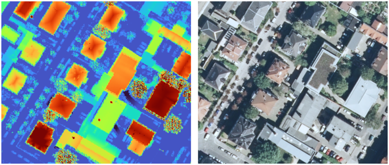 Sichtbarkeit von Objekten unterhalb des normalen Erdbodenniveaus im nDOM (links) bzw. DOP (rechts)