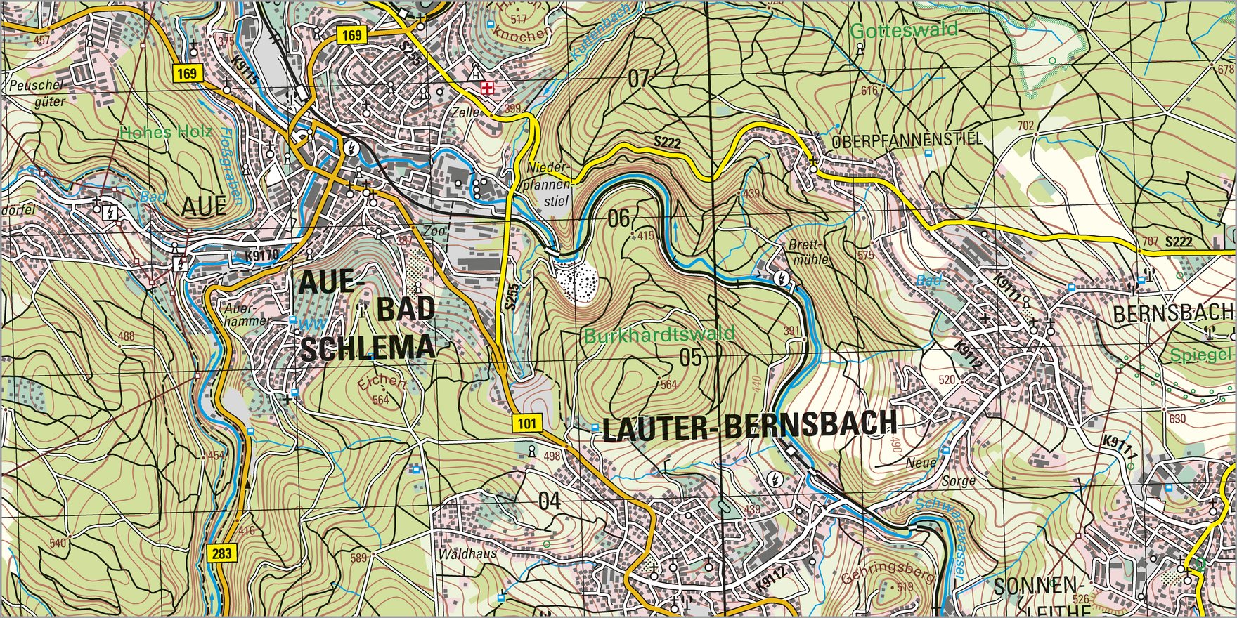 Ausschnitt aus der Topographischen Karte Aue - Bad Schlema im Maßstab 1:50 000