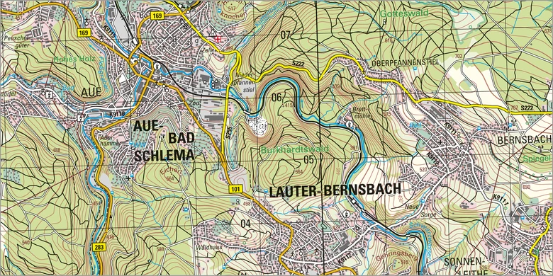 Ausschnitt aus der Topographischen Karte Aue - Bad Schlema im Maßstab 1:50 000